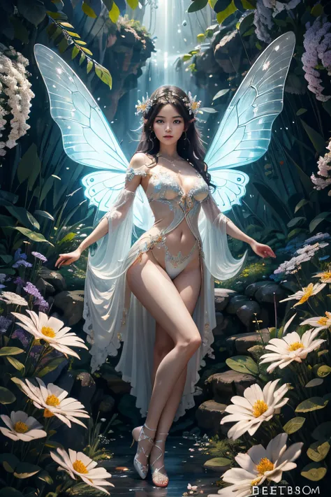 (tmasterpiece, Best quality at best, 2D illustration, 2d, best of artstation),（（（full bodyesbian））），butterfly elf flying，Elegant and flexible hands and feet，As if I was born to dance among the flowers。 Its wings are translucent，Incorporating elements of na...