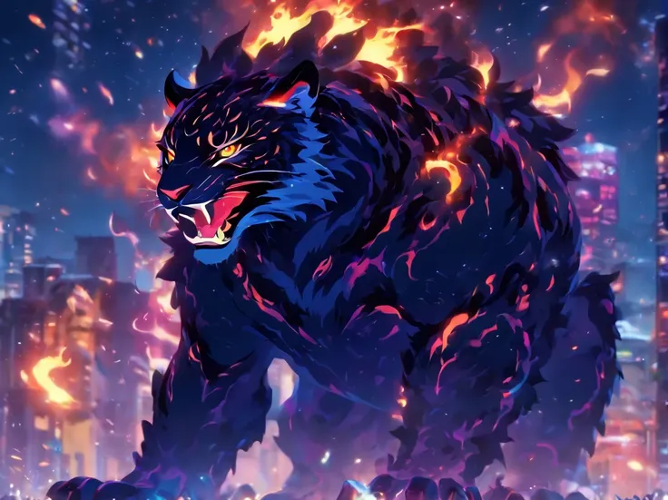 Strange monsters in a fantasy world，Jaguar，Strong limbs，Covered in flames，Covered in thick spiky fur，Moon Night，The medium scene is，Full body like， Highly detailed and hyper-realistic visuals，oc rendered，Shot with a 70mm lens - AR 16:9 --q 2 --s 1000