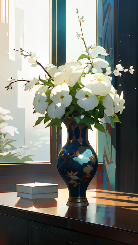 There is a vase with white flowers on the table, made with anime painter studio, I dream of a vase of flowers, guweiz, with flowers, guweiz masterpiece, makoto sinkai. digital render, artwork in the style of guweiz, ( ( makoto sinkai ) ), guweiz and makoto...