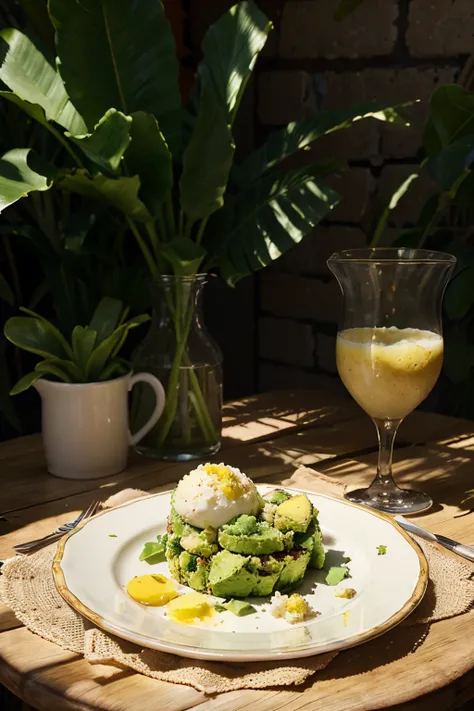 create an immage of a plate with scrumbles eggs, baicon and avocado in a beautiful and elegant table with the sunshine light