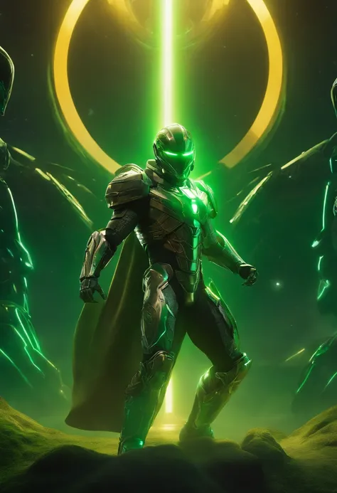 Embark on an extraordinary visual journey through a sci-fi masterpiece that redefines excellence. Behold the Star Warrior, adorned in state-of-the-art silver tech armor, striking a dynamic pose against an alien landscape bathed in a mesmerizing green neon ...