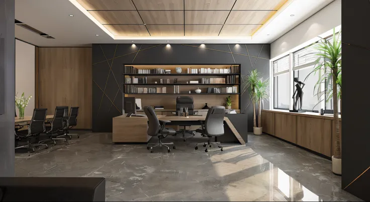 there is a large office with a desk and chairs in it, modern office, offices, office interior, office room interior, office furniture, professional render, accent lighting : : peugot onyx, home office interior, ceo, office background, modern look, by Harol...