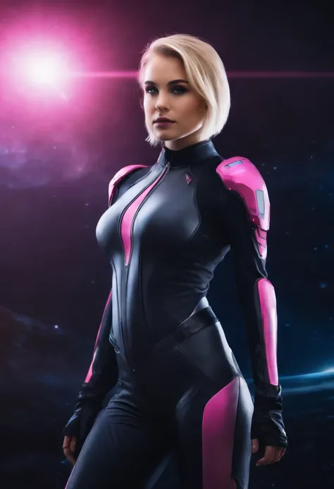 Stunningly cute 19 year old girl, blonde hair with pink highlights, scifi tight all black nanocomposite bodysuit, heeled boots, future, mass effect, halo, feminine, others in background, space ship