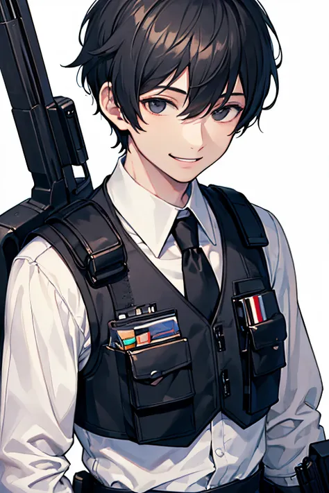 (masterpiece, best quality), 1male, solo, 23 years old, black eyes, business man, black short hair, smile, (Upper body:1.4), (bulletproof vest tactical), (white background),