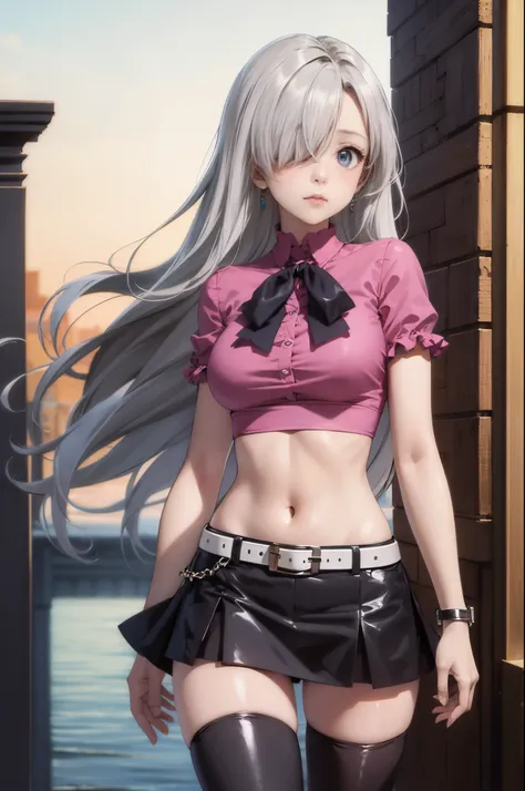 masterpiece, best quality, highres, elizabeth, 1girl, jewelry, single thighhigh, silver hair, hair over one eye, midriff, black ...