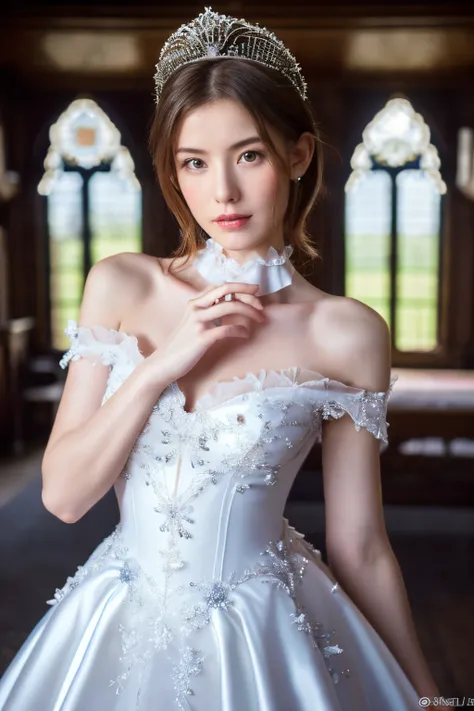 Ultra high-definition images,8K, Aristocratic women,Fantasy,Full-body high-definition images,in a castle, Delicate face, (delicate and beautiful face,: 1.5), standing full body portrait,  1 person,Sparkling tiara，White Satin Dress， castle miracle, presence...