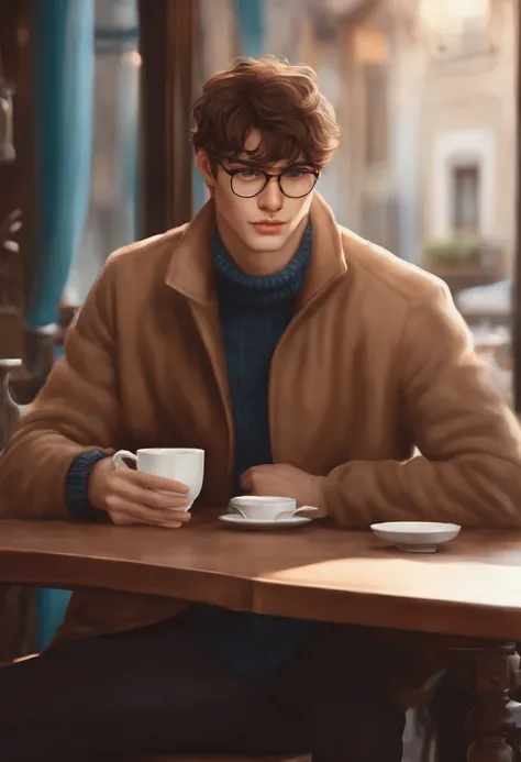 A photo of a character sitting at a cafe table with a cup of hot chocolate and a book, while cheekily pushing up his glasses.,original,[{{((Hair: light brown + short + messy))
((Eyes: large + blue + piercing + doe eyes))
((Facial features: long sharp face ...