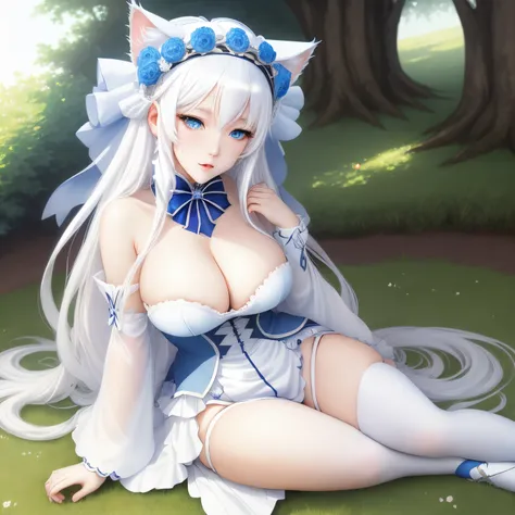 tmasterpiece，cat ear，White hair，Anime shoujo，Long white hair，A blue headdress，Large cleavage，being thin，blue color eyes，A high resolution，Sit on grass，Anime shoujo