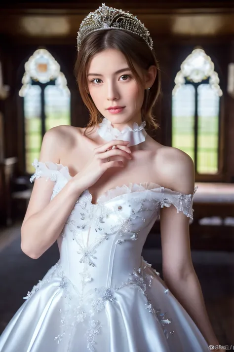 Ultra high-definition images,8K, Aristocratic women,Fantasy,Full-body high-definition images,in a castle, Delicate face, (delicate and beautiful face,: 1.5), Full body portrait standing,  1 person,Sparkling tiara，White Satin Dress， castle miracle, presence...