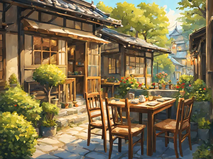 There is a garden painting with table and chairs, cozy café background, detailed scenery, Japanese street, very detailed scene, summer afternoon, Japanese art style, beautiful detailed scene, cottage core, relaxing concept art, cozy home background, landsc...