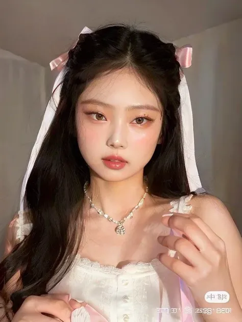 puffy Asian woman in a white dress and a pink bow, jennie blackpink, Ulzzang, maquiagem sul-coreana popular, young adorable korean face, wan adorable korean face, menina coreana, linda Delphine, maquiagem coreana popular, Mulher sul-coreana bonita, young c...