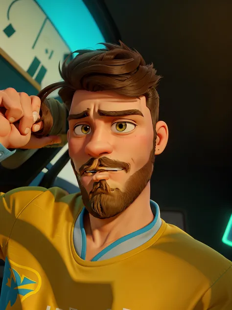 Create for me a man who has his hair cut, his face is a little serious, he is leaning with his hand on his forehead, looking at the camera, his eyes are light brown, he has a beard, and he is wearing the Brazil t-shirt , create the image for me in disney p...