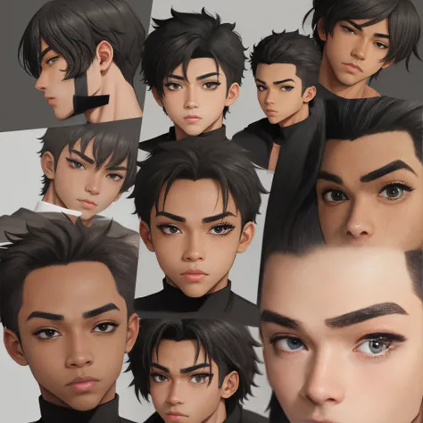 black anime boy eyes from different angles, character sheet