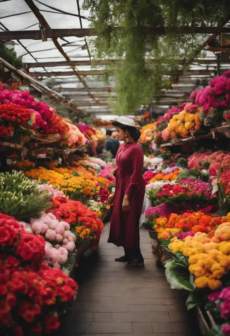 A photo of a colorful and vibrant flower market in full bloom.,original,Wearing beautiful clothes and having a nice body