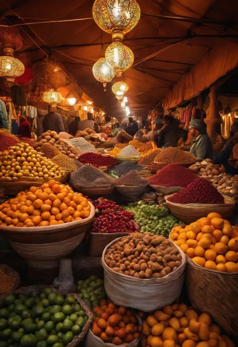 A unique and colorful shot of a bustling street market in Marrakech, with vibrant displays of fruits, spices, and crafts.,original,sasquatch