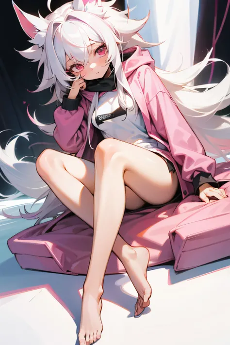 redraw, 1girl, loli, long white hair, messy hair, pink eyes, oversized hoodie, barefoot, small breasts, thighs, shy, masterpiece,