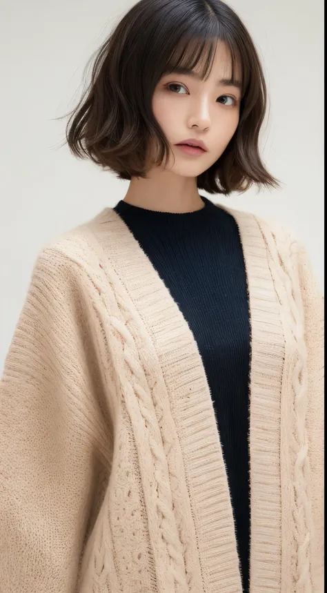 1 Japan model, Hair Model, Unique hair details, Gradient Ribbon Printed Zipper Knitted Cardigan, 二重まぶた, very short short hair - nude