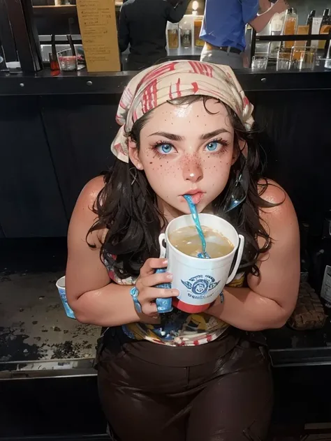 woman with dark curly hair wearing a bandana and blue eyes and freckles drinking out of a large cup at the bar