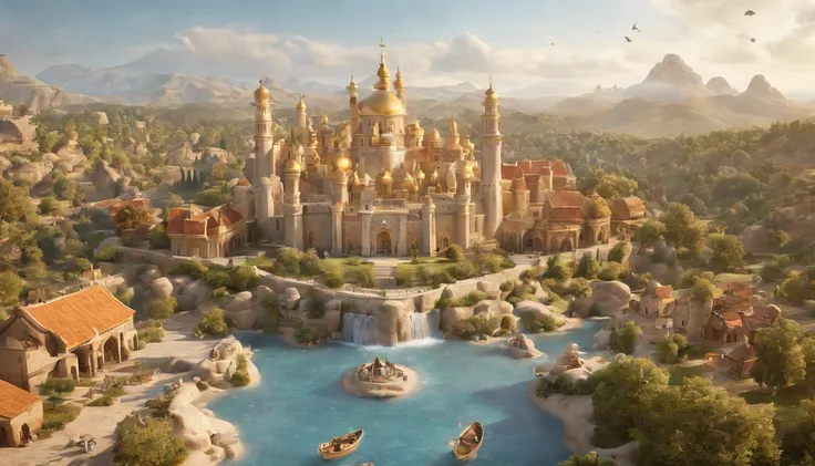 a pixa Disney cartoon of biblical time city in heaven made of gold, very beautiful with big tall houses, bible times, a very beautiful place in heaven, birds flying in the sky, beautiful tress, animals, lions, tigers playing animated film, 3 d animated mov...