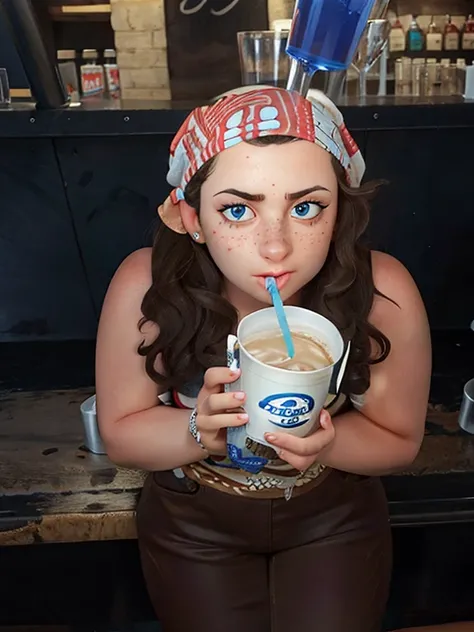 woman with dark curly hair wearing a bandana and blue eyes and freckles drinking out of a large cup with a blue straw at the bar