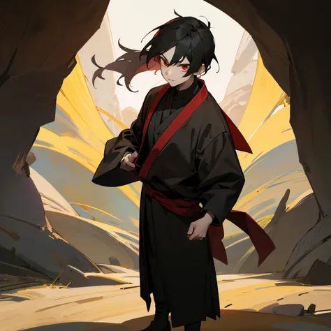 1male , standing on mountain , Ninja Clothing , Black Clothing , Warrior Clothing , Pale Skin , Red Eyes , standing infront of a cave , adult male , Black Hair , Masterpiece Quality , Perfect Generations , Detailed Features