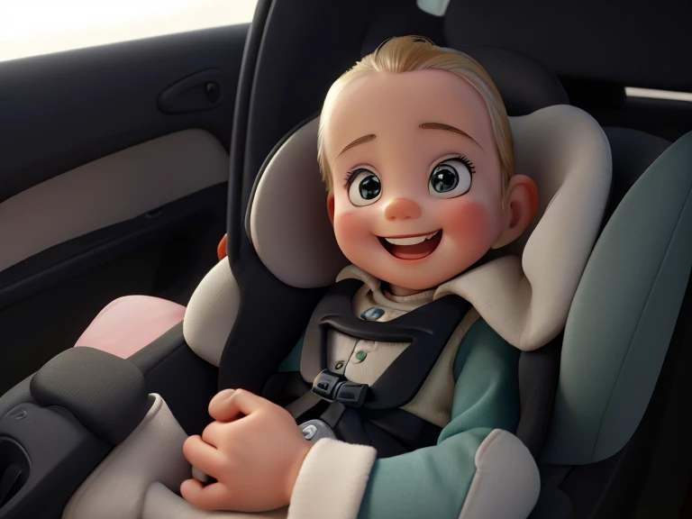 smiling baby in car seat in car, happily smiling at the camera, smiling for the camera, sitting in her car seat, very slightly smiling, looking happy, she is smiling and excited, happy with her mouth open, smiling into the camera, with a happy expression, ...