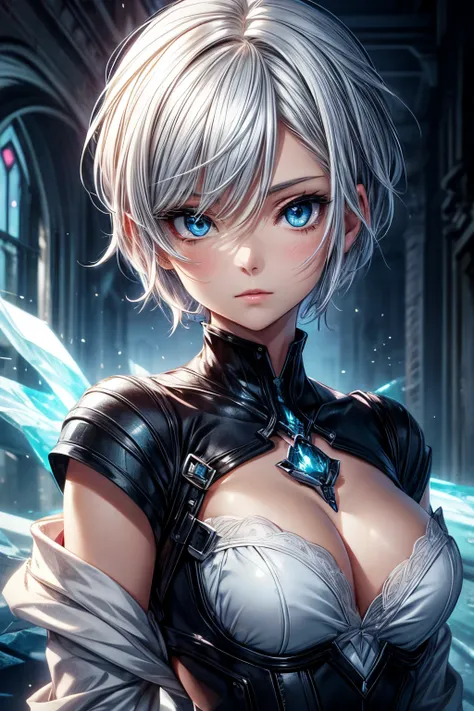 anime, young woman, solo, short hair, white hair, blue eyes, model, beautiful, half body potrait, fantasy, ice