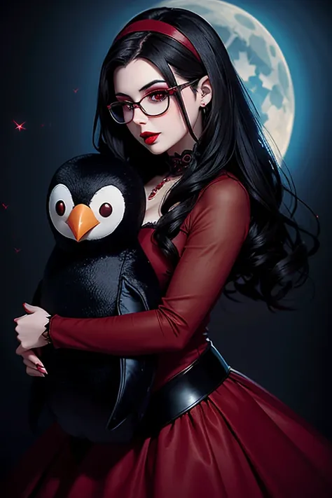 European woman hugging a Stuffed Penguin,30 years old, in a fantasy world, Vampire Dress, Gothic Lolita, glasses, Dark hair, red lips, Eye shadow, natural makeup, very curved hair,,Second Life Avatar, Beautiful screenshot, Second Life, attractive woman, hi...