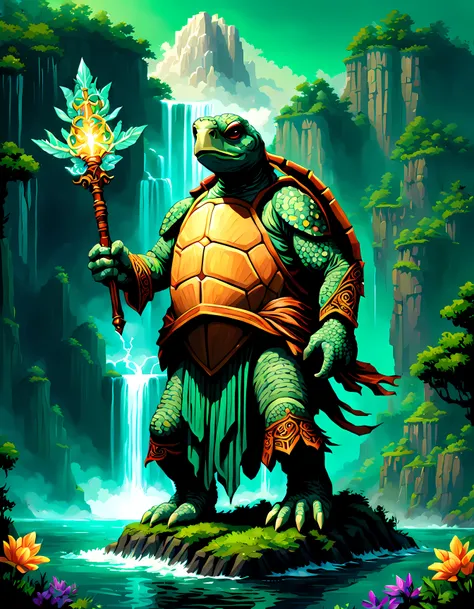 (pixel art:1.3), (solo:1.3), ((wise and powerful turtle mage)) stands tall resides on a secluded island surrounded by misty, emerald-green waters, amidst a breathtaking epic fantasy scenery, ancient wisdom and profound connection to the elements, towering ...