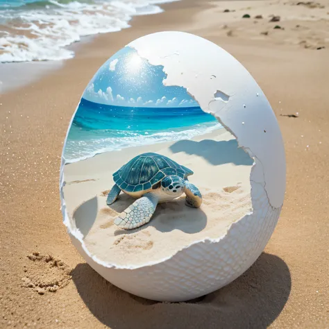 Baby sea turtle still inside the egg shell, on the white sand beach, (Masterpiece), (Best Quality), (Ultra high Detailes)