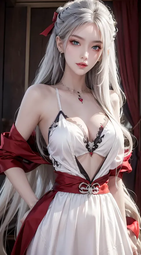 realisticlying, A high resolution, 1人の女性, hip-up, pretty eyes, White hair, long whitr hair, eye socket, jewely, Tattooed with, wedding gown, Red dress