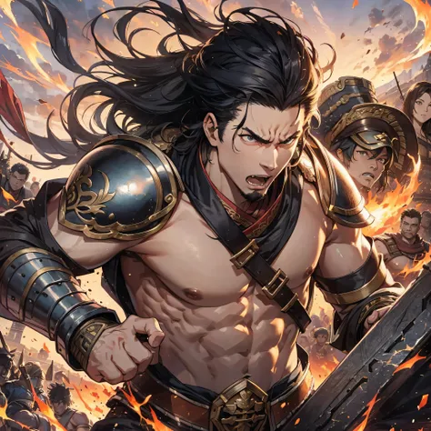 Fallacious resolution, high resolution, (masterpiece: 1.4), hyper-detail, ancient Chinese, shirtless general with upper body, angry expression, barbarian soldiers behind him, siege, desert, dusk, fire,