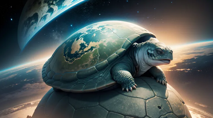 best quality, ultra-detailed, planet Earth rests on the back of a giant turtle. In space