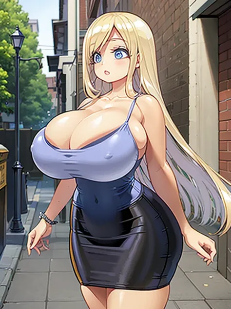 (best quality,highres,masterpiece:1.2),beautiful and hot woman surrounded by little boys in an alleyway, stunning pencil skirt, a touch of elegance, deep cleavage accentuating her figure, luscious blonde hair gently flowing, captivating blue eyes that spar...