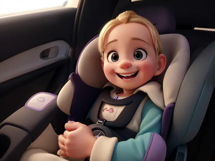 smiling baby in car seat in car, happily smiling at the camera, smiling for the camera, sitting in her car seat, very slightly smiling, looking happy, she is smiling and excited, happy with her mouth open, smiling into the camera, with a happy expression, ...