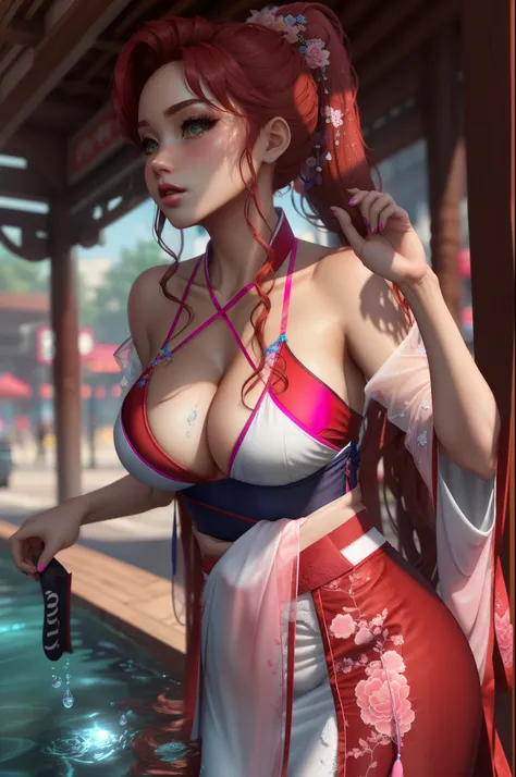 （femele：0.5），High ponytail，Place your hands on your breasts，squatt，Thin to transparent，cleanness，（（（Moist Hanfu：1.2））），lacy fabric，，（（（Water immersion：0.9））），jewely，Have on the street，Brownish red hair，tmasterpiece，best qualtiy，The is very detailed，3D，Cine...