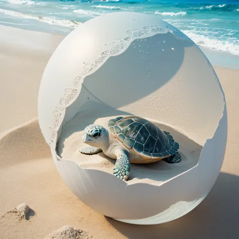 Baby sea turtle still inside the egg shell, on the white sand beach, (Masterpiece), (Best Quality), (Ultra high Detailes)