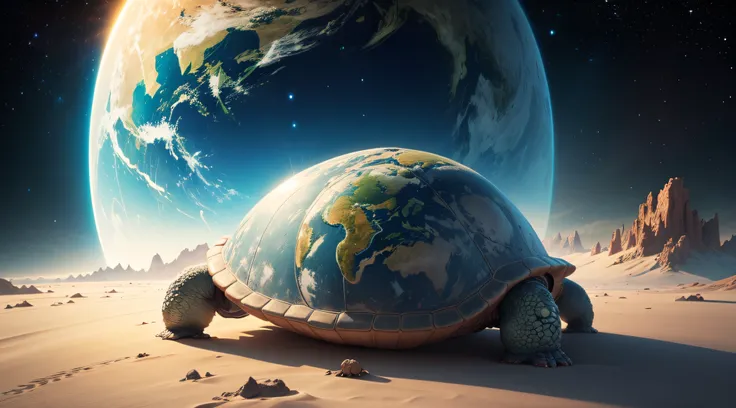 best quality, ultra-detailed, planet Earth rests on the back of a giant turtle. In space