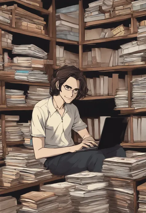 A photo of the character surrounded by stacks of manga and anime DVDs, with a laptop open to a popular anime streaming website.,original,skinny, bad skin, long hair, greasy hair, ferrety face, wispy moustache