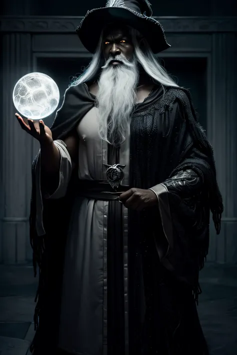 (Masterpiece: 1.2), (Best Quality), Detailed, UHD, Cinematic Lighting, Sharp Focus, (illustration: 1.1), Intricate, Old Wizard (black skin) (dark skin) (black skin color) with long white hair and beard, wearing a wizards robe and hat, pondering a glowing o...