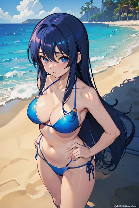 arafed woman in a blue bikini posing on a beach, realistic bikini, photorealistic anime girl render, blue bikini, swimsuit, seductive anime girl, smooth anime cg art, [ 4 k digital art ]!!, thicc, extremely detailed artgerm, anime highly detailed, painted ...