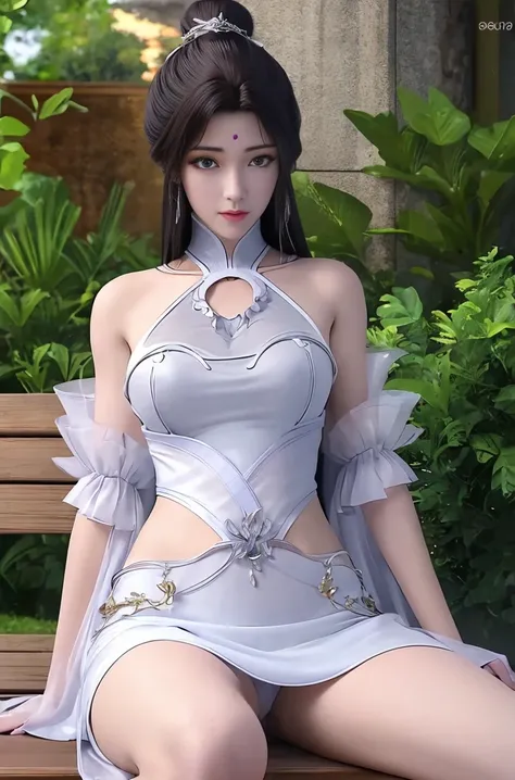 there is a woman in a white bikini sitting on a bench, photorealistic perfect body, Fair, The skin is smooth and translucent, seductive anime girls, Fair and shiny skin, beautiful attractive anime woman, very sexy poses, A sexy pose, Realistic shadow perfe...