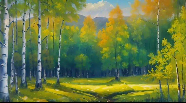 A clearing in a birch grove shines under soft sunlight in a Russian forest, as shown in the oil painting.. The landscape is dominated by tall birch trees., their white trunks contrast with the bright green of the surrounding foliage.. Birch trees stand tal...