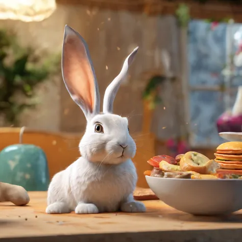 1 rabbit，white colors，anthropomorphic styles，At meal