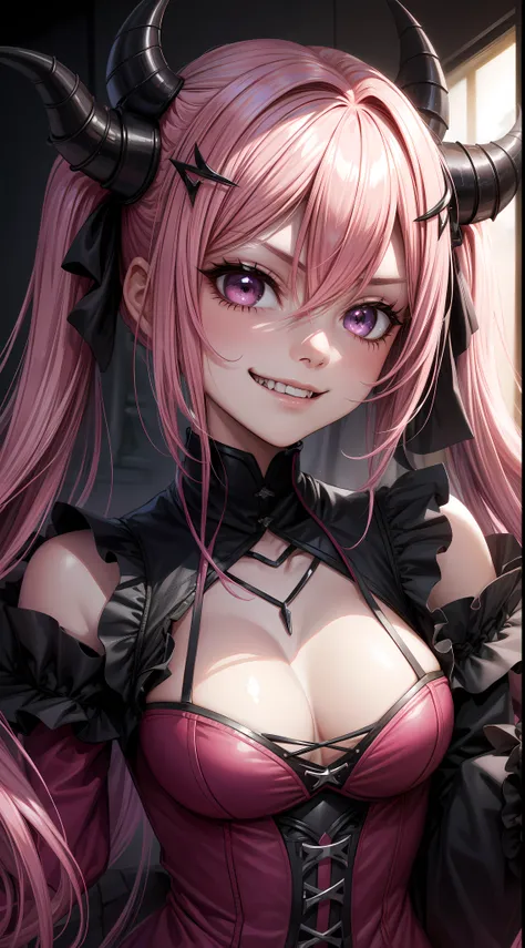 1girl, pink hair, long hair,  hd quality, 4k, 8k,,eyes, face, , evil, dark, face closeup, face, evil smirk, fangs,in a cute bedroom on the bed,und, face close up. dominant, dark, sideways, sideview, villain, hair clip,black horns, large breasts, twin tails...