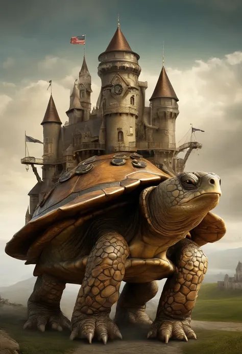 a long shot picture of a steampunk castle built on the back of an epic sized turtle (best details, Masterpiece, best quality: 1.4) rolling hills, s steampunk castle with (turrets: 1.1), (towers:1.1), (bridges:1.2), (barbican:1.1), canons on the walls, a bl...