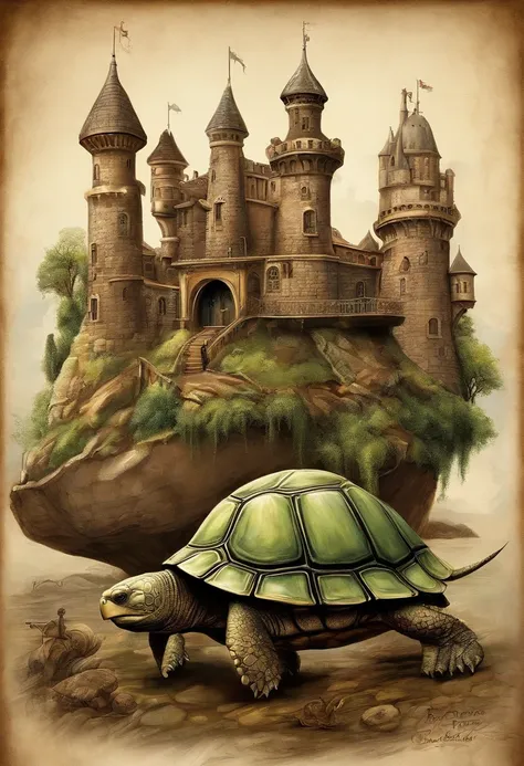 a long shot picture of a steampunk castle built on the back of an epic sized turtle (best details, Masterpiece, best quality: 1.4) rolling hills, s steampunk castle with (turrets: 1.1), (towers:1.1), (bridges:1.2), (barbican:1.1), canons on the walls, a bl...