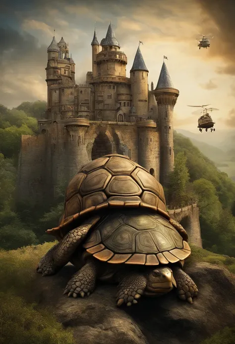 a long shot picture of a steampunk castle built on the back of an epic sized turtle (best details, Masterpiece, best quality: 1.4) rolling hills, s steampunk castle with (turrets: 1.1), (towers:1.1), (bridges:1.2), (barbican:1.1), canons on the walls, a bl...