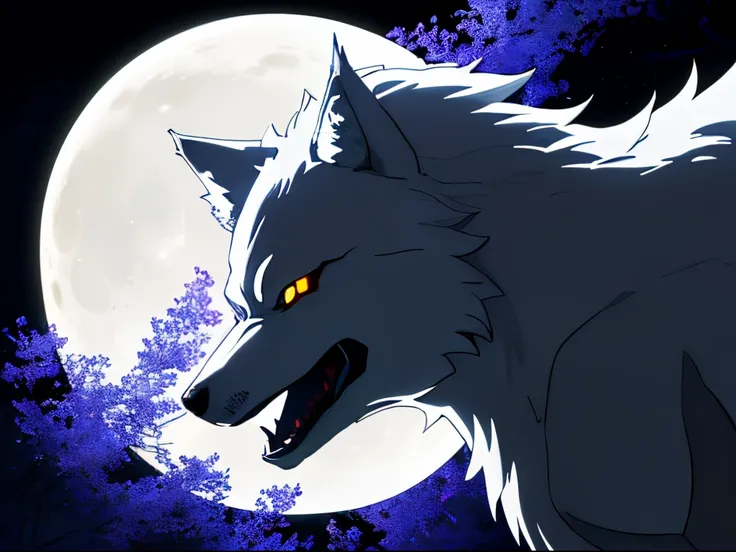 highres,anime,portrait,wolf,werewolf,colorful,night,silver moon,enchanted forest,golden eyes,long silver hair,wolf ears,wolf tail,intruder,breaking down door,shattered glass,mysterious,playful,curious,claws,sharp teeth,dark aura,powerful,moonlight silhouet...