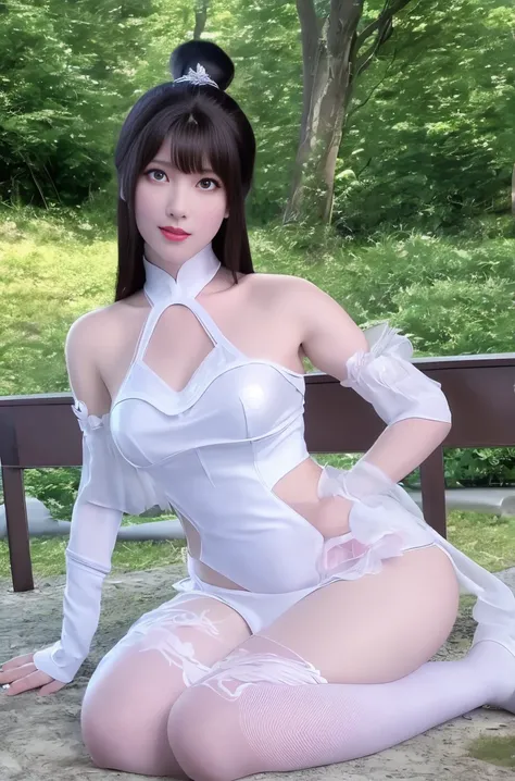 there is a woman in a white bikini sitting on a bench, photorealistic perfect body, Fair, The skin is smooth and translucent, seductive anime girls, Fair and shiny skin, beautiful attractive anime woman, very sexy poses, A sexy pose, Realistic shadow perfe...